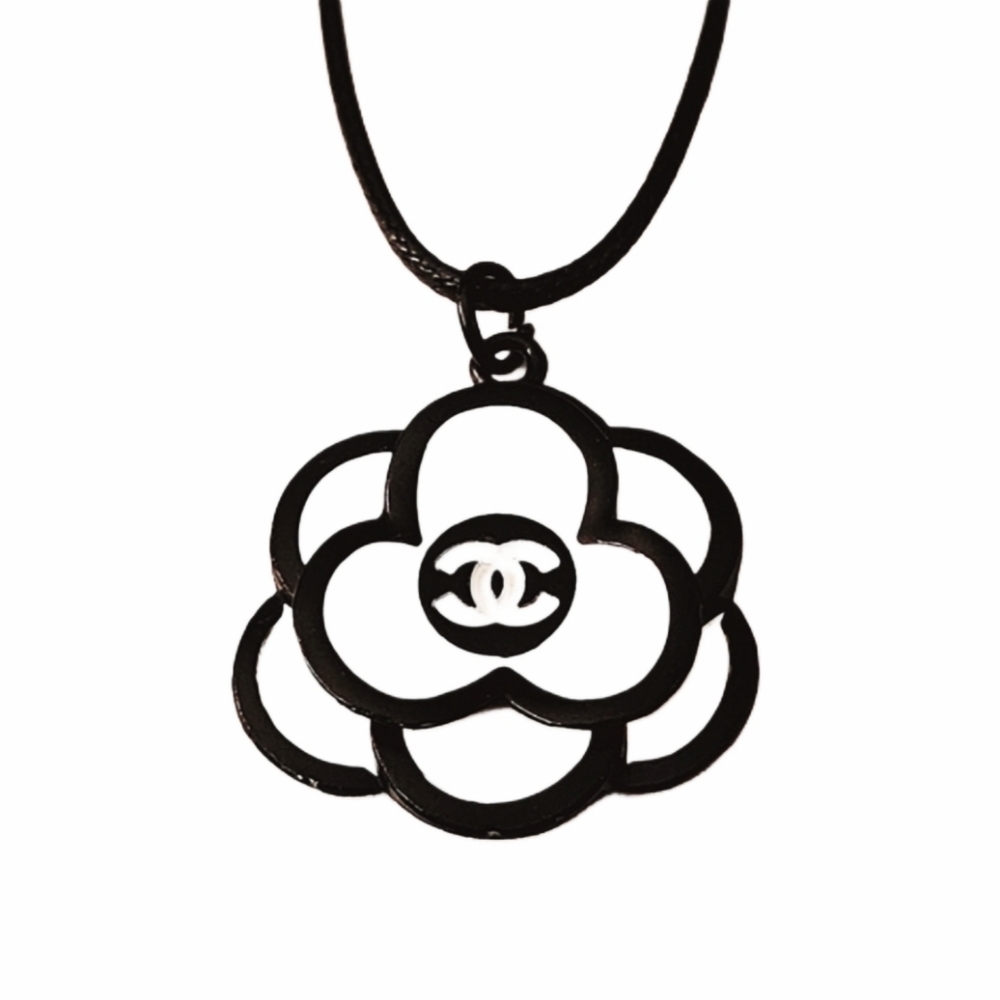 Designer Black & White Camelia Pendant Charm on Black Leather 18" Adj Chain